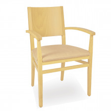 Sedia con braccioli per anziani, legno color naturale, sedile imbottito in similpelle beige
